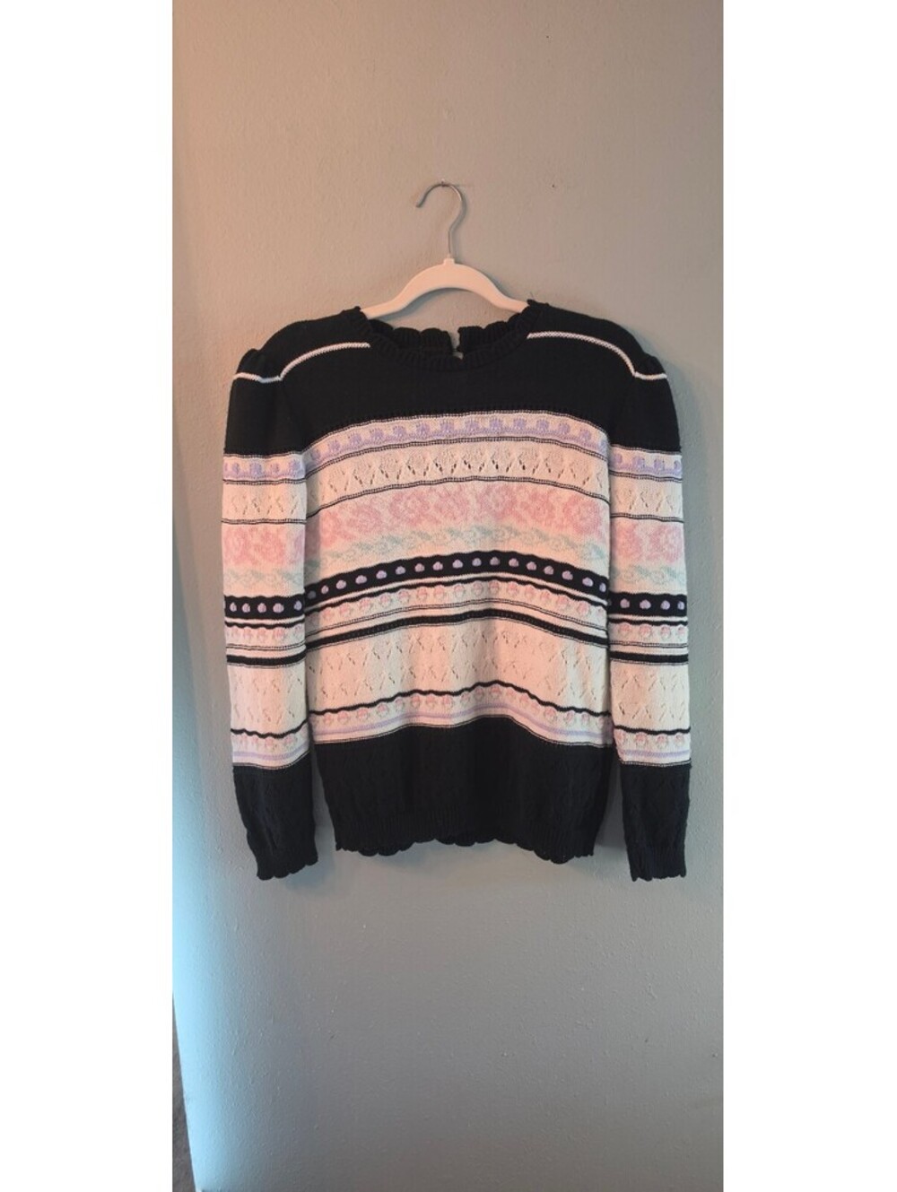Vintage Beldoch Popper Pastel Floral Open Knit Sweater Made in USA